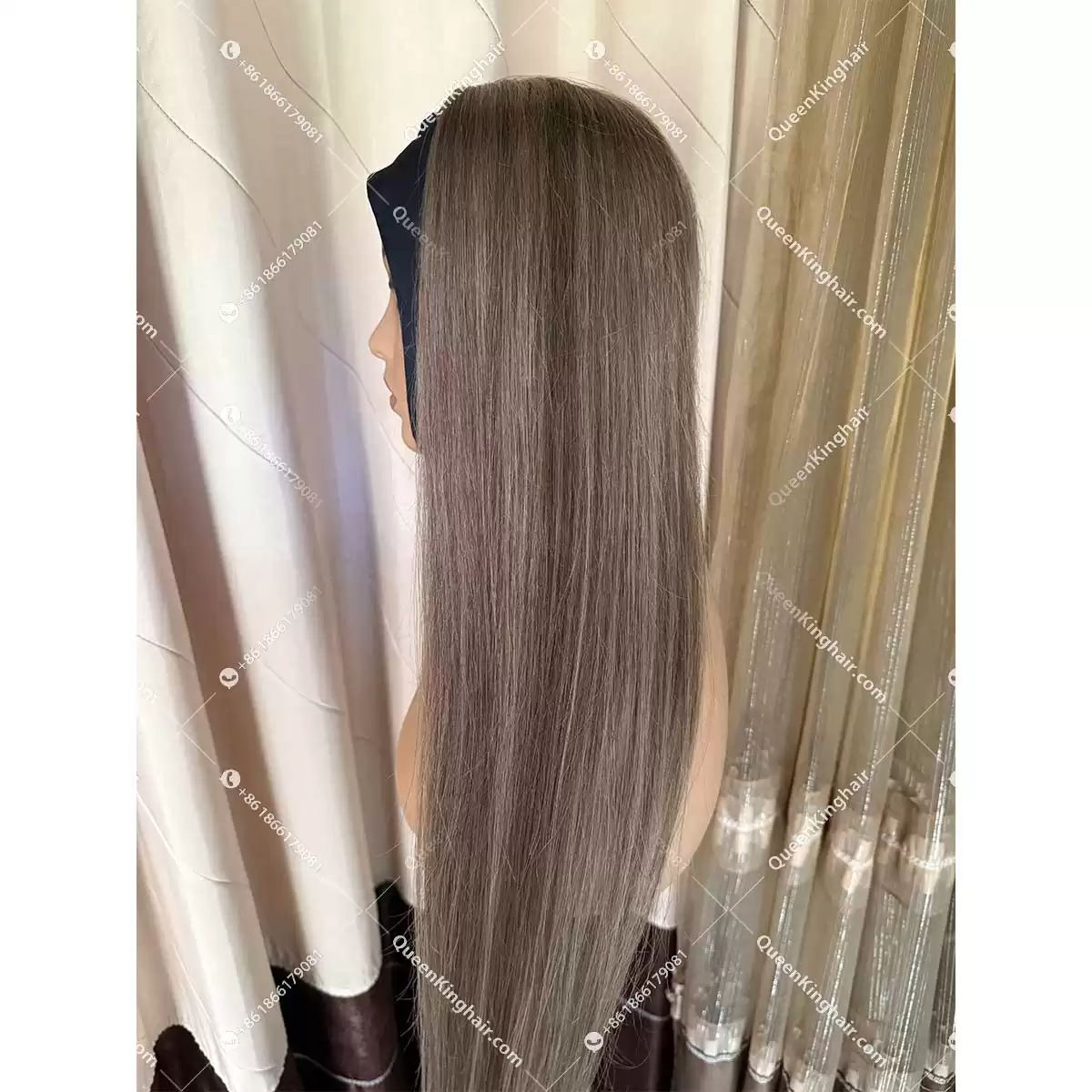 Luna headband wig remy hair brunette color ashy brown and ashy blonde balayage