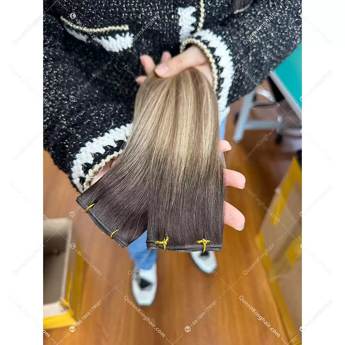 22" Virgin hair extension 100 grams balayage blonde color genius weft