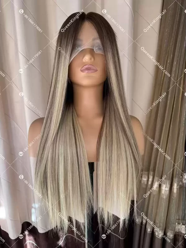 Ombré blonde and ashy brown balayage color double drawn virgin hair wig