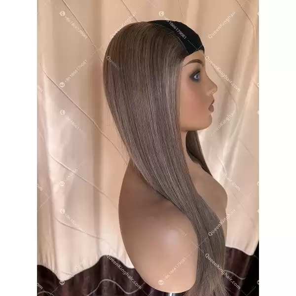 01 Luna hat wig remy hair brunette color ashy brown and ashy blonde balayage