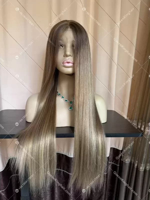Ombré honey blonde and ashy brown balayage color 13x6 hd lace double drawn virgin hair wig