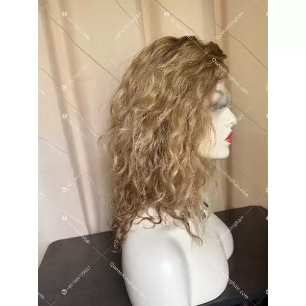 04 Curly hair 13x6 Transparent Lace Ombré blonde and ashy brown balayage color double drawn virgin hair wig