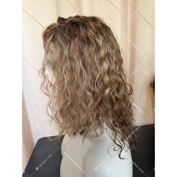 06 Curly hair 13x6 Transparent Lace Ombré blonde and ashy brown balayage color double drawn virgin hair wig