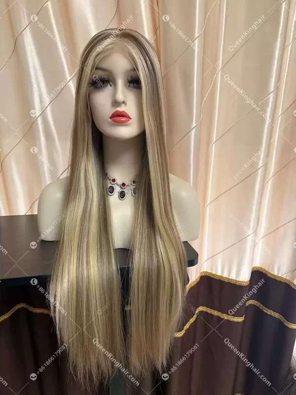 13x6 Transparent Lace Ombré blonde and ashy brown balayage color double drawn virgin hair wig