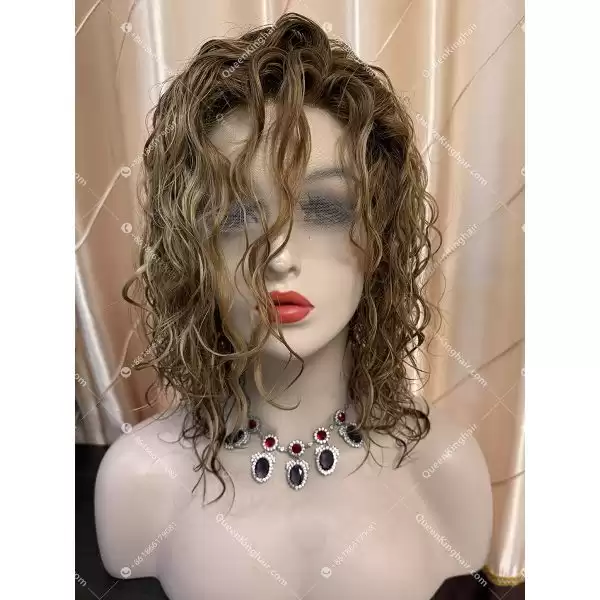 09 Curly hair 13x6 Transparent Lace Ombré blonde and ashy brown balayage color double drawn virgin hair wig