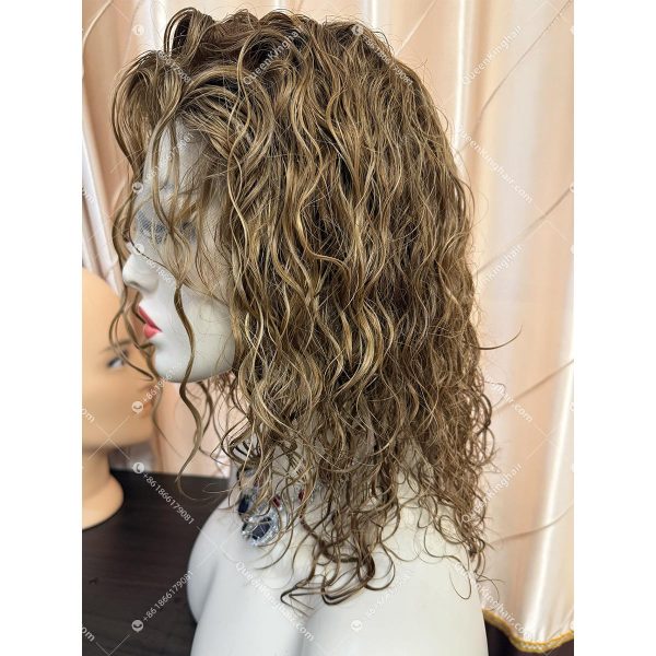 10 Curly hair 13x6 Transparent Lace Ombré blonde and ashy brown balayage color double drawn virgin hair wig